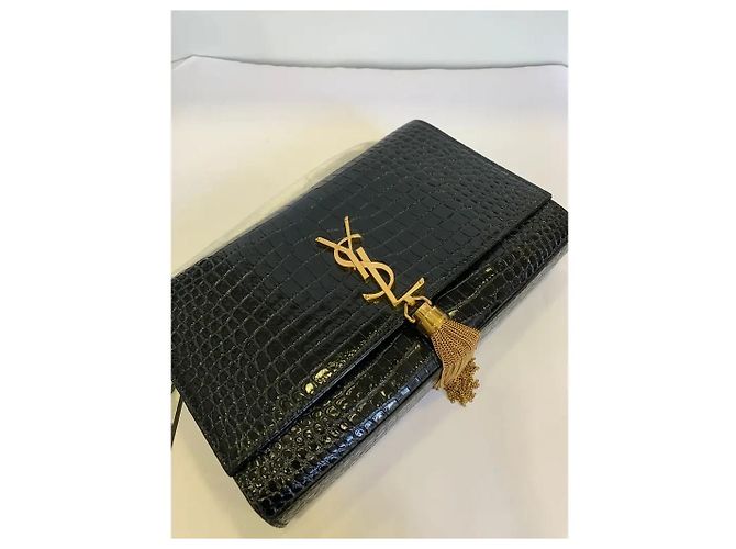 Pompom Kate Saint Laurent Kate Medium Tassel Borsa a Catena Pelle Coccodrillo Nera Nero - vista 4