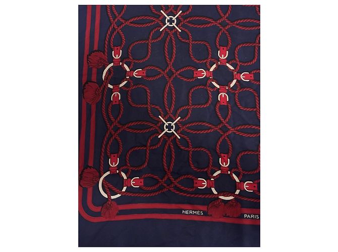 Foulard in seta Hermès Blu Navy e Rosso Motivo Corda - vista 2