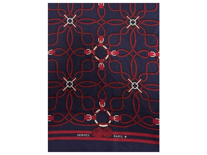 Foulard in seta Hermès Blu Navy e Rosso Motivo Corda - vista 3