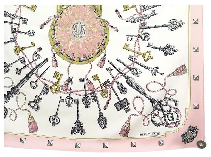 Hermès FULAR DI SETA VINTAGE HERMES LES CLES CATY LATHAM 90 ROSA - vista 4