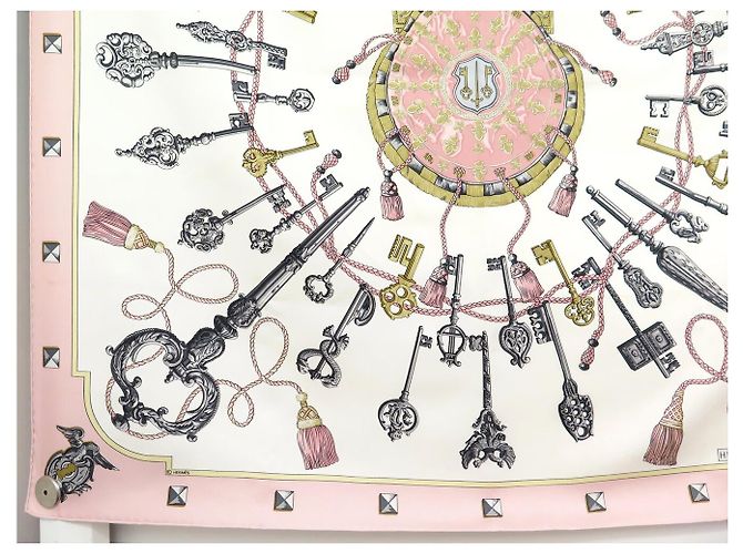 Hermès FULAR DI SETA VINTAGE HERMES LES CLES CATY LATHAM 90 ROSA - vista 5
