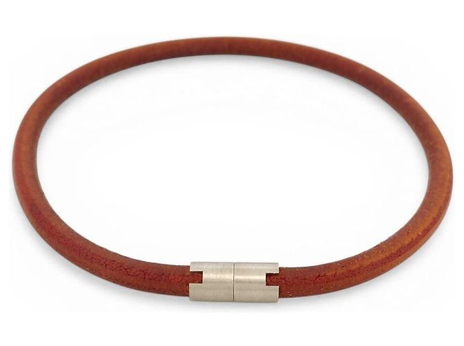 Hermès NEUE HERMES CHOKER-HALSKETTE AUS GEBRUSHED STAHL MIT LEDERKORD Braun - Ansicht 2