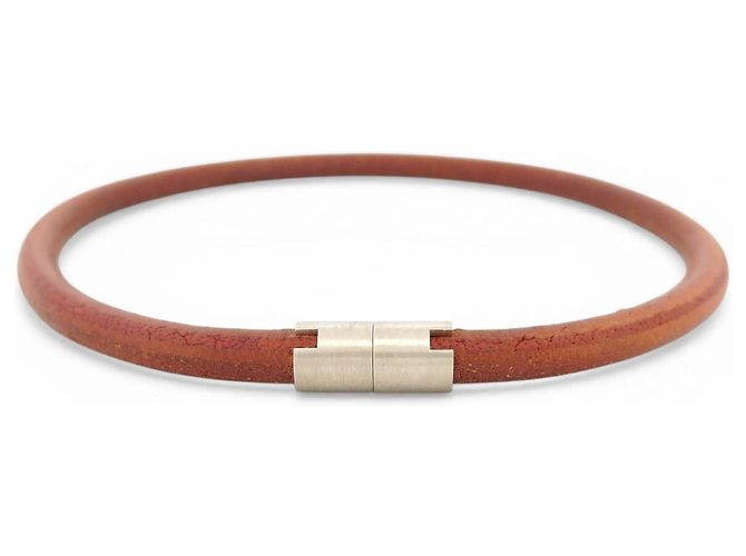 Hermès NEUE HERMES CHOKER-HALSKETTE AUS GEBRUSHED STAHL MIT LEDERKORD Braun - Ansicht 3