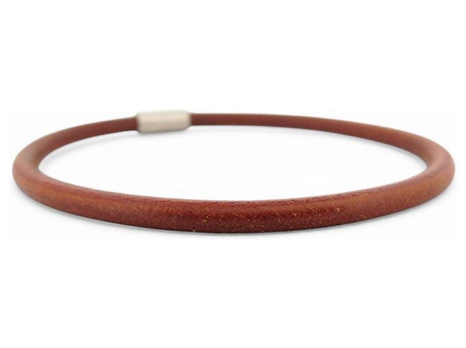 Hermès NEUE HERMES CHOKER-HALSKETTE AUS GEBRUSHED STAHL MIT LEDERKORD Braun - Ansicht 4