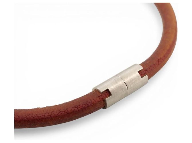 Hermès NEUE HERMES CHOKER-HALSKETTE AUS GEBRUSHED STAHL MIT LEDERKORD Braun - Ansicht 5
