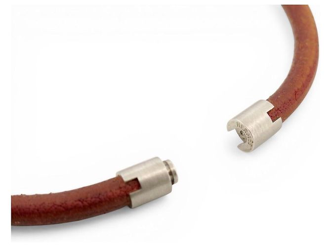 Hermès NEUE HERMES CHOKER-HALSKETTE AUS GEBRUSHED STAHL MIT LEDERKORD Braun - Ansicht 7