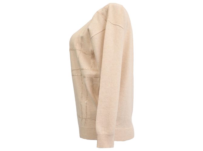 Suéter de cashmere nude com decote em V e padrão de Brunello Cucinelli Marrom Carne - vista 2