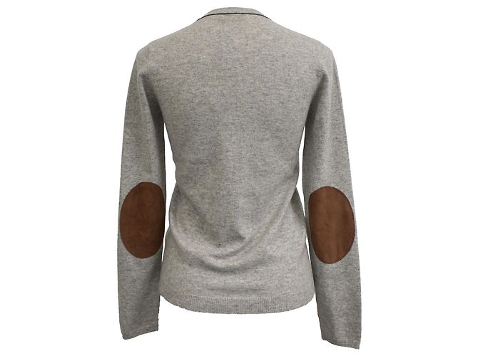 Maglione in cashmere grigio con scollo a V e toppe sui gomiti di Brunello Cucinelli - vista 3