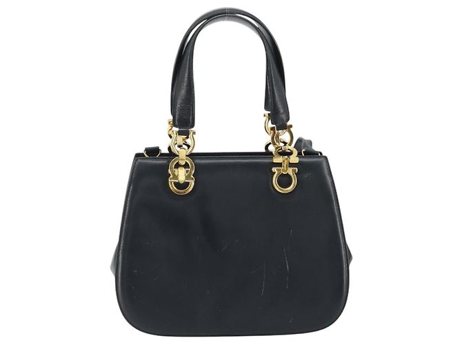 Borsa a mano in pelle Gancini Salvatore Ferragamo 2 in 1 Blu Navy Oro Auth ARZ896 - vista 13