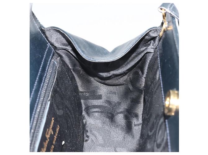 Borsa a mano in pelle Gancini Salvatore Ferragamo 2 in 1 Blu Navy Oro Auth ARZ896 - vista 19