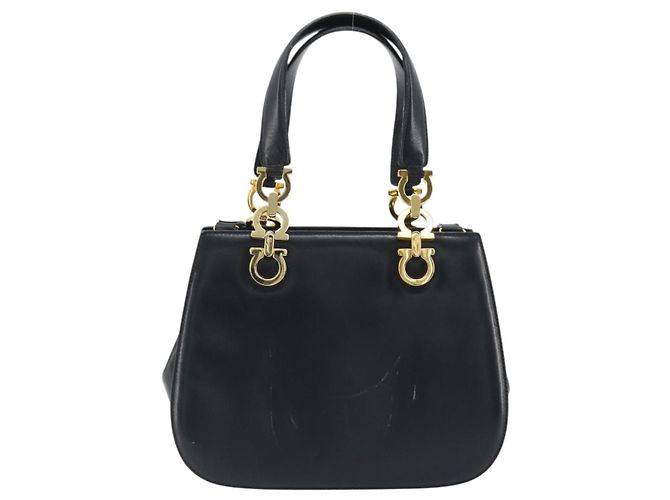 Borsa a mano in pelle Gancini Salvatore Ferragamo 2 in 1 Blu Navy Oro Auth ARZ896 - vista 2