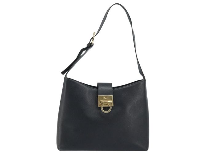Bolsa de Ombro Gancini em Couro Preto e Dourado Auth BA11825 da Salvatore Ferragamo - vista 13
