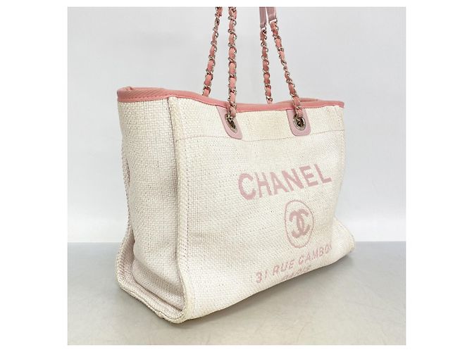 Chanel Deauville Raffia Kettentasche Pink Weiß - Ansicht 2