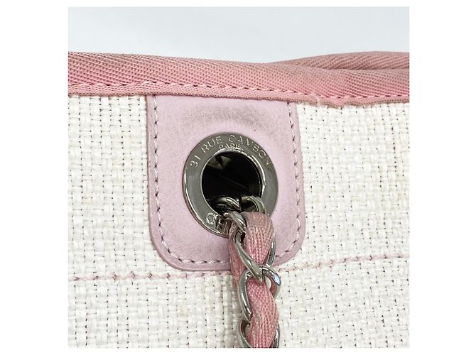 Chanel Deauville Raffia Kettentasche Pink Weiß - Ansicht 9