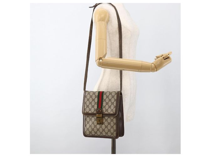 Borsa a Spalla Gucci GG Supreme Web Sherry Line PVC Beige Oro 145857 Auth BA11894 D'oro - vista 24