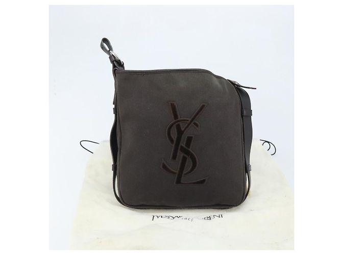 Saint Laurent Borsa a Spalla Mombasa in Tela e Pelle Marrone Scuro Argento Auth hk3606V - vista 12