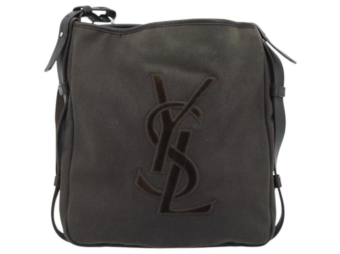 Saint Laurent Borsa a Spalla Mombasa in Tela e Pelle Marrone Scuro Argento Auth hk3606V - vista 13