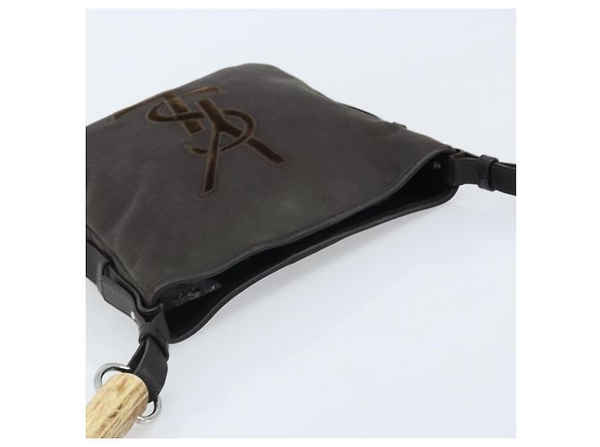 Saint Laurent Borsa a Spalla Mombasa in Tela e Pelle Marrone Scuro Argento Auth hk3606V - vista 6