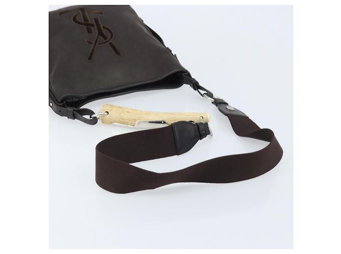 Saint Laurent Borsa a Spalla Mombasa in Tela e Pelle Marrone Scuro Argento Auth hk3606V - vista 7
