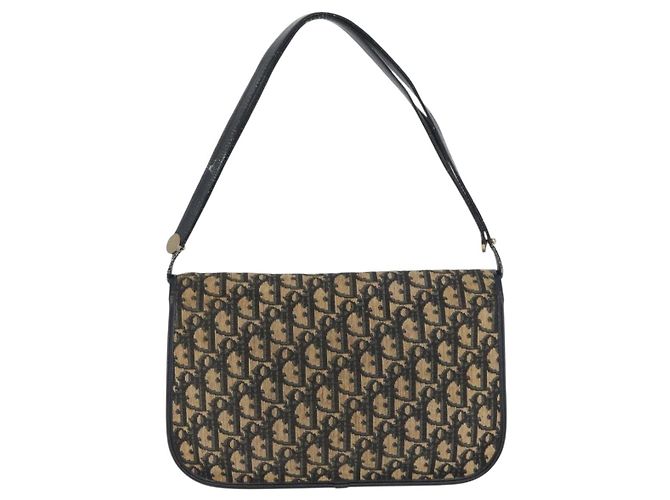Borsa a Spalla in Tela Trotter Christian Dior Blu Navy Oro Auth 174528 - vista 2