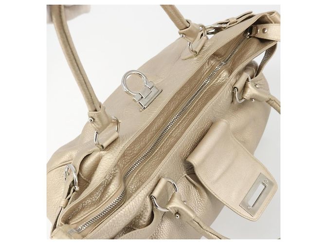 Borsa a mano in pelle Gancini Salvatore Ferragamo Champagne Oro Argento Auth BAZ863 - vista 10