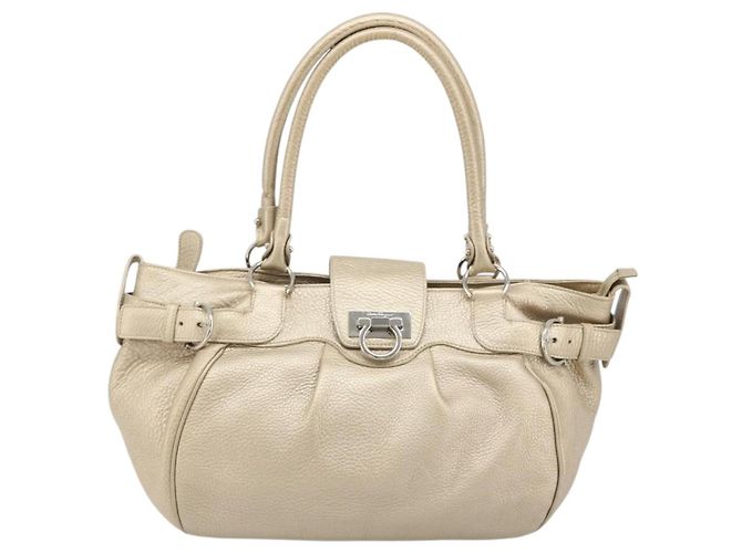 Borsa a mano in pelle Gancini Salvatore Ferragamo Champagne Oro Argento Auth BAZ863 - vista 13