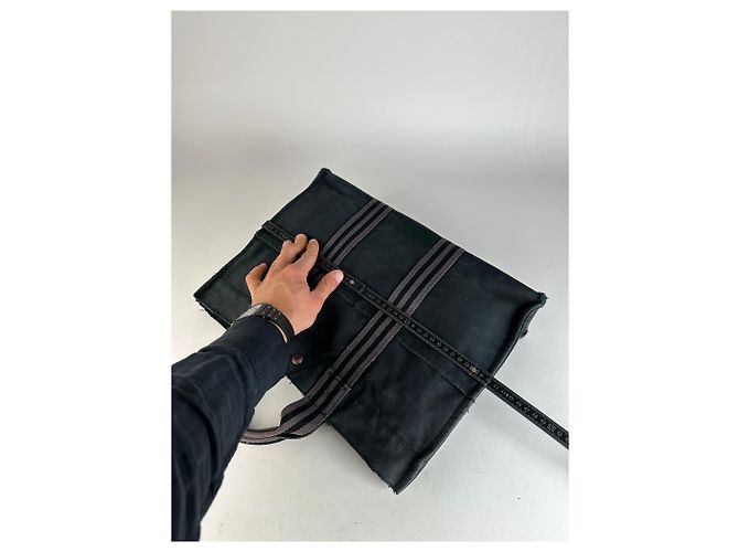 Vintage Hermès Canvas Tote Bag Schwarz Grau - Ansicht 10