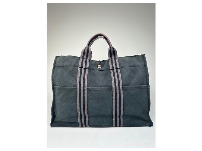 Vintage Hermès Canvas Tote Bag Schwarz Grau - Ansicht 2