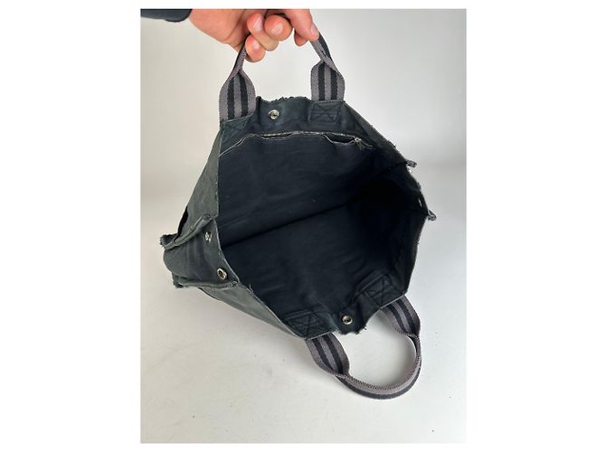 Vintage Hermès Canvas Tote Bag Schwarz Grau - Ansicht 3