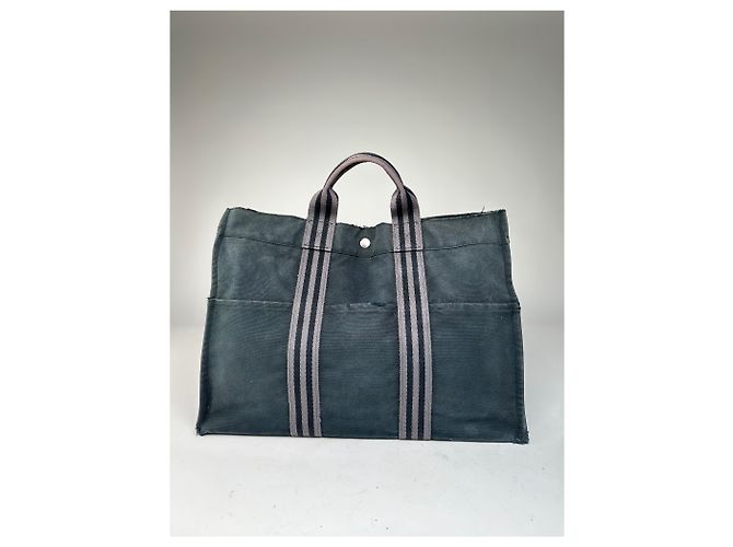 Vintage Hermès Canvas Tote Bag Schwarz Grau - Ansicht 6