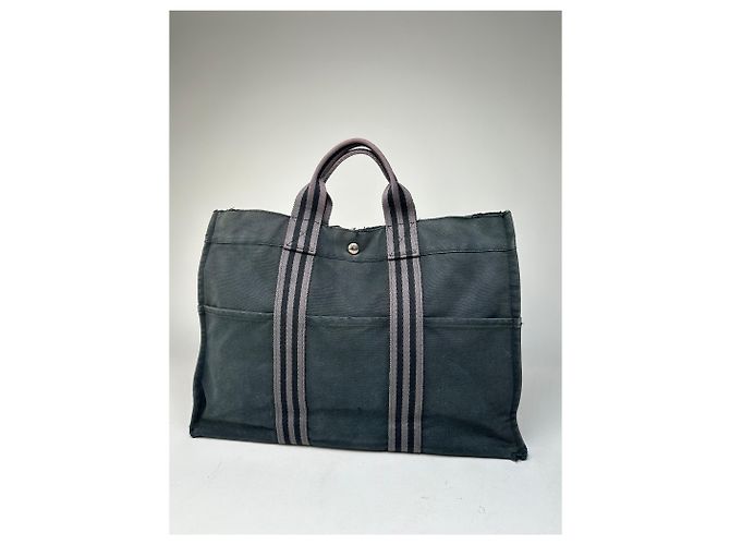 Vintage Hermès Canvas Tote Bag Schwarz Grau - Ansicht 8