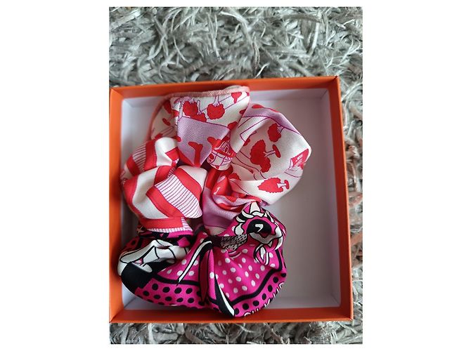 Chouchou Hermès Claudia Paris 100% seda – Feito na França – com caixa Rosa Branco Vermelho Multicor - vista 3