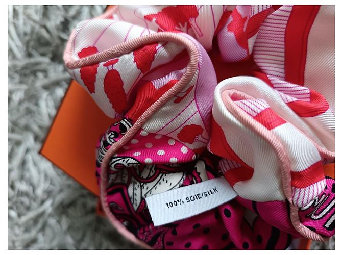 Chouchou Hermès Claudia Paris 100% seda – Feito na França – com caixa Rosa Branco Vermelho Multicor - vista 5