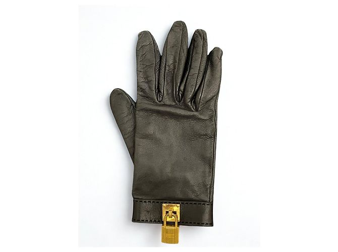 Hermès Schwarze Lederhandschuhe Kelly Lock Größe 6 1/2 - Ansicht 2
