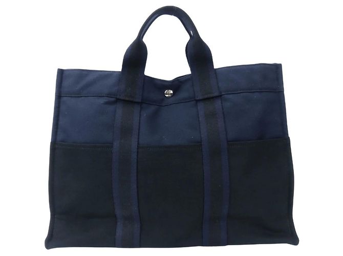 Hermès Fourre-Tout MM Canvas Tasche Schwarz Marineblau - Ansicht 4