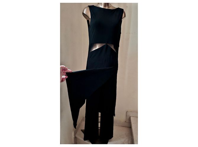 Luisa Spagnoli Abito lungo nero con inserti in tulle e gonna a spacchi laterali - vista 3