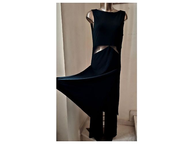 Luisa Spagnoli Abito lungo nero con inserti in tulle e gonna a spacchi laterali - vista 4
