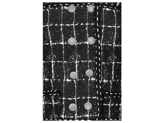 Timeless Chanel 14P Black Grid Tweed Braided Trim Double Breasted Jacket FR 36 Silvery White - view 2