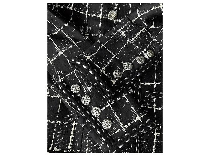 Timeless Chanel 14P Black Grid Tweed Braided Trim Double Breasted Jacket FR 36 Silvery White - view 3