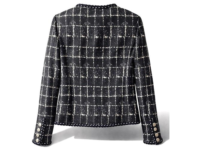 Timeless Chanel 14P Black Grid Tweed Braided Trim Double Breasted Jacket FR 36 Silvery White - view 4