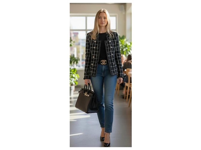 Timeless Chanel 14P Black Grid Tweed Braided Trim Double Breasted Jacket FR 36 Silvery White - view 5
