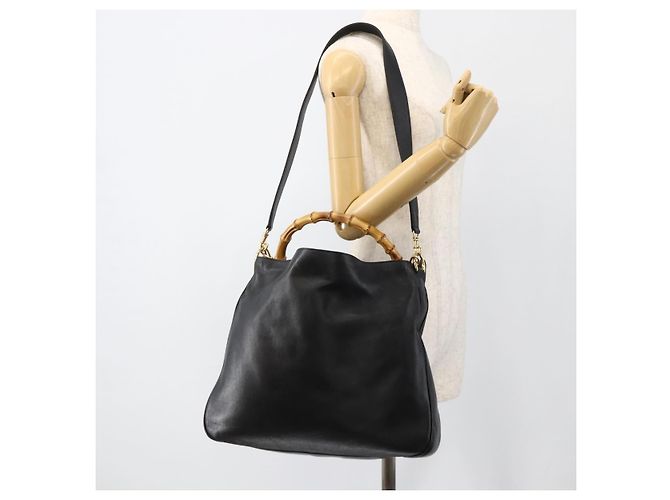 Borsa a Spalla in Pelle Gucci Bamboo 2way Nera Oro 001 2123 1577 Auth am11264 Nero D'oro - vista 23