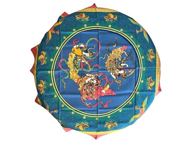 Foulard in seta Hermès blu e rosa con motivi floreali - vista 5