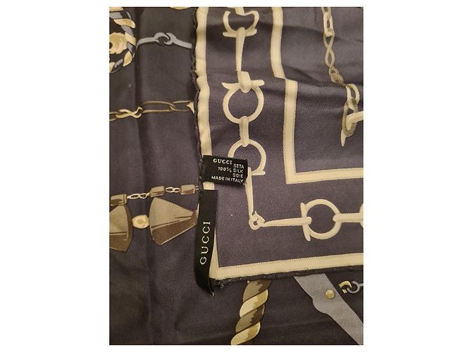 Gucci Seidenschal mit Pferdegeschirr-Muster Weiß Golden Dunkelblau - Ansicht 5