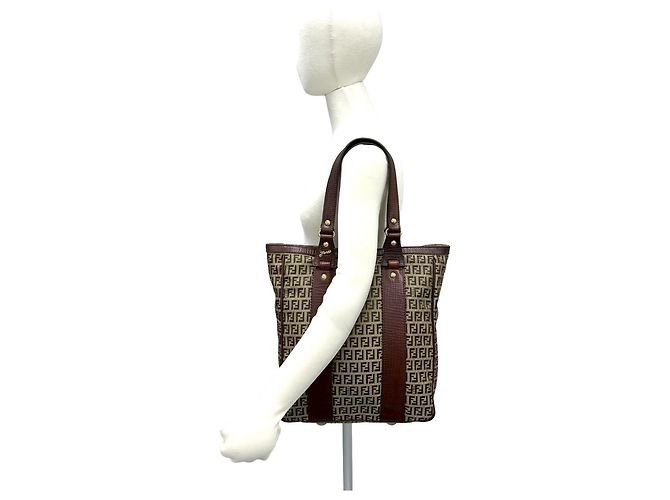 Fendi Zucchino FF Pattern Canvas Leather Tote Bag Brown - view 2