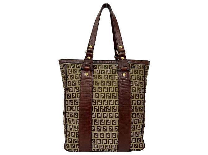 Fendi Zucchino FF Pattern Canvas Leather Tote Bag Brown - view 3