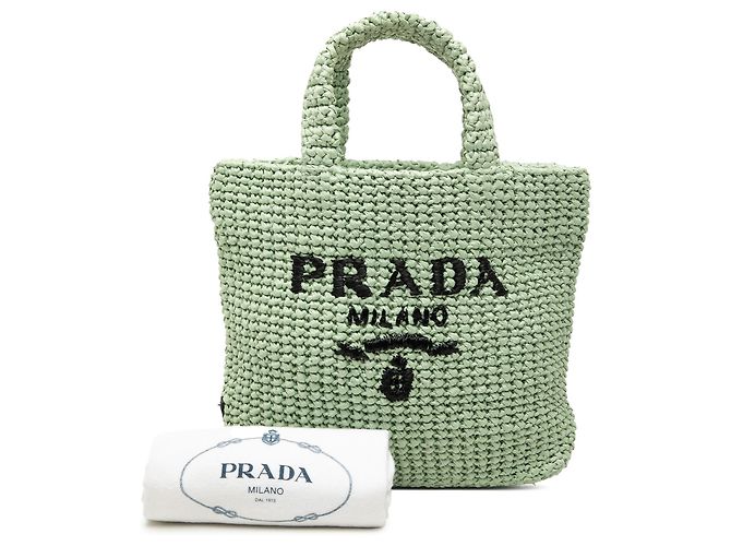Prada Grüner kleiner Tote aus gehäkeltem Raphia-Effekt mit besticktem Logo Hellgrün - Ansicht 7