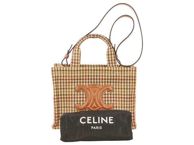 Céline Borsa a Spalla Celine Triomphe Logo Small Cabas Thais in Tweed Marrone Beige - vista 12