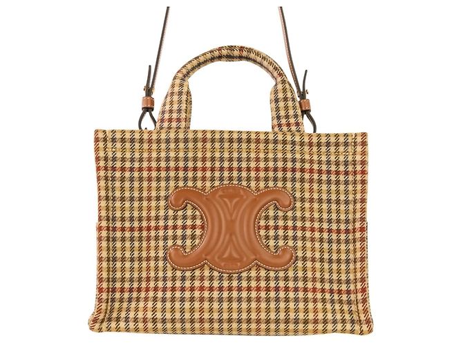 Céline Borsa a Spalla Celine Triomphe Logo Small Cabas Thais in Tweed Marrone Beige - vista 2