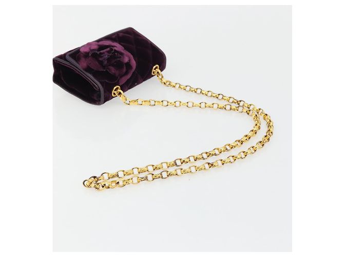 CHANEL Borsa a Spalla Matelassé Catena Camelia Velluto Viola Oro CC Auth YKZ1012V D'oro Porpora - vista 7